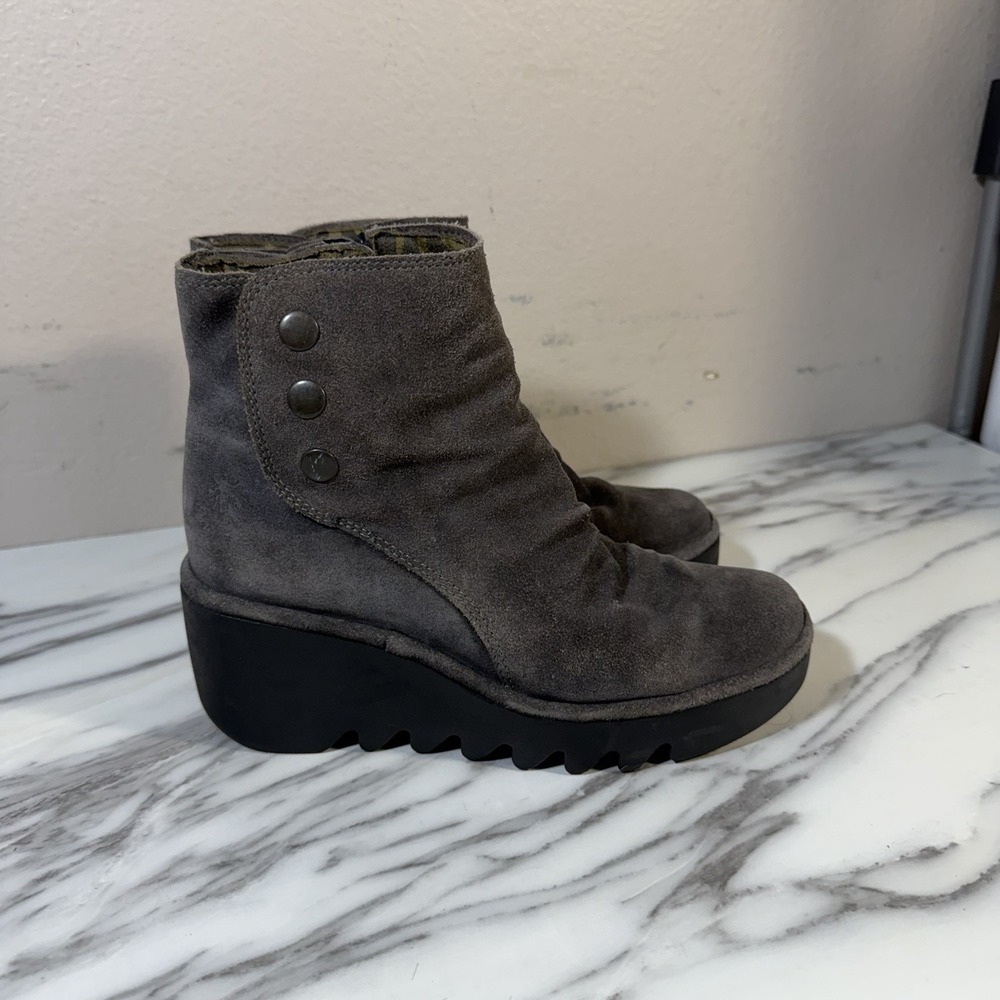 Fly London Women's BROM DIESEL Suede Leather Wedge Boots Shoes EU 36 US 5.5 Gray